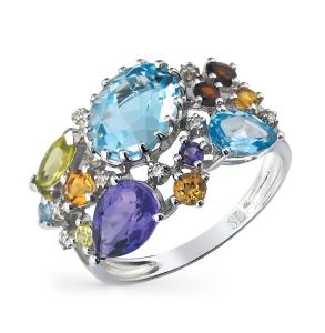 золотое кольцо с хризолитом, аметистом, топазами, гранатом, цитринами и бриллиантами