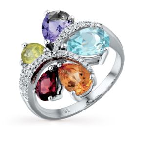 золотое кольцо с хризолитом, аметистом, топазами, гранатом, цитринами и бриллиантами