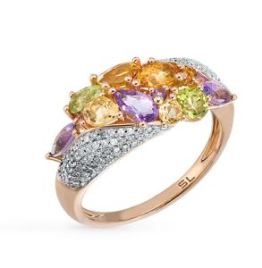 золотое кольцо с хризолитом, аметистом, цитринами и бриллиантами
