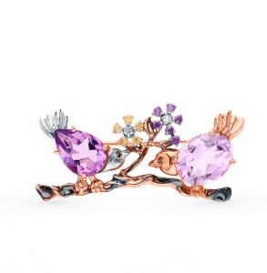 золотая брошь с аметистом и фианитами