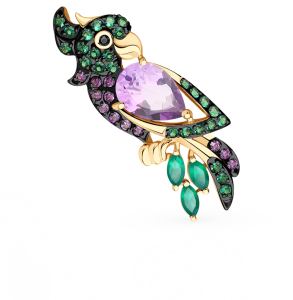 золотая брошь с аметистом, фианитами и агатом SOKOLOV 740286*