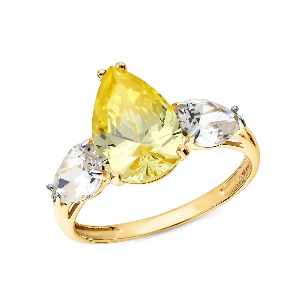 Фото «Золотое кольцо с фианитами и наноситаллом лимонный кварц»