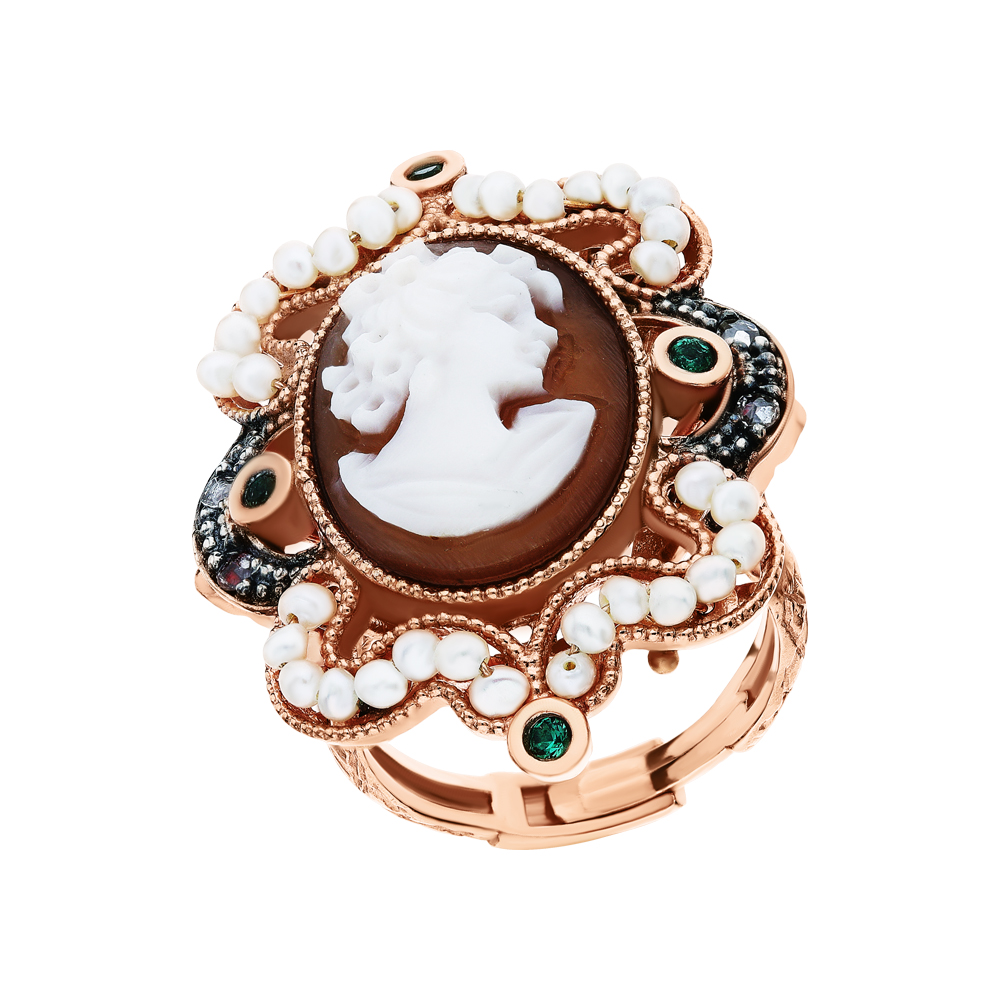 Серебряное кольцо с жемчугом, фианитами и камеями в Нижнем Новгороде