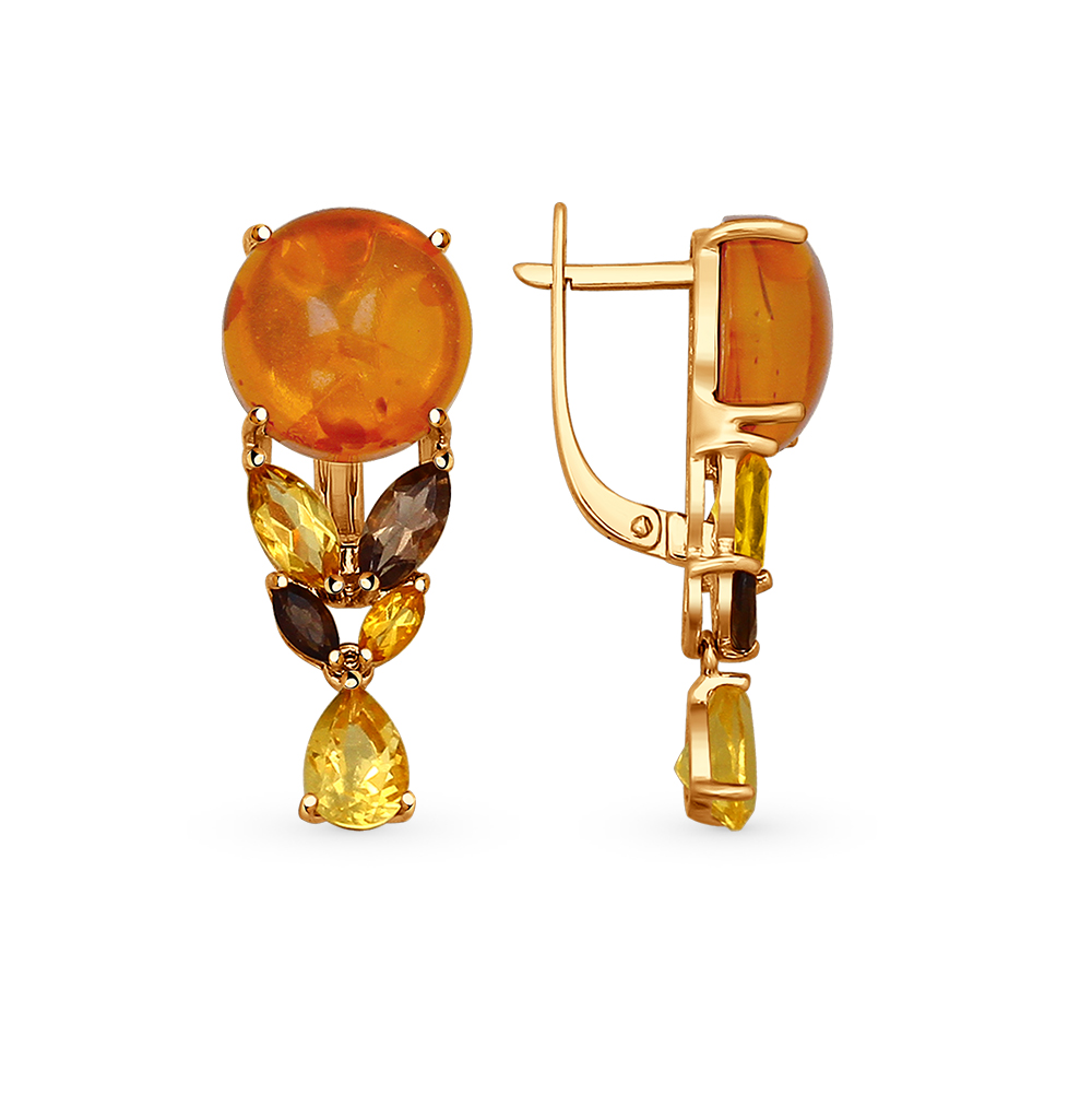 Фото «Золотые серьги с янтарем, цитринами и раухтопазами SOKOLOV 724385»