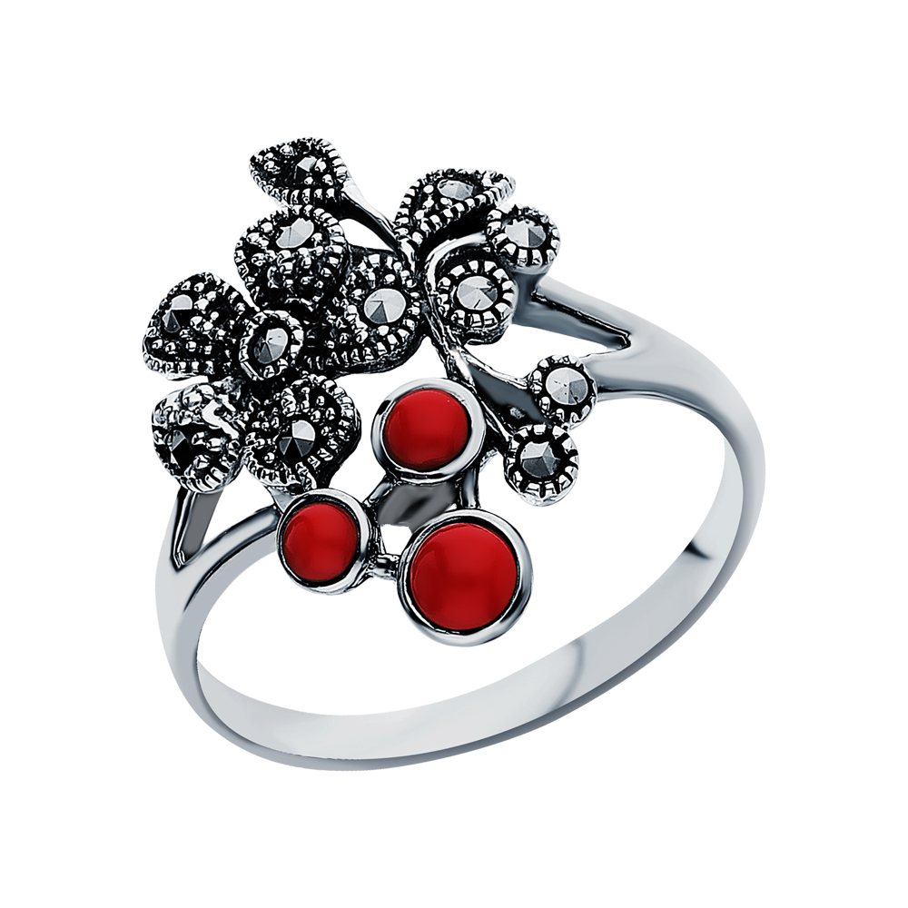 Фото «Серебряное кольцо с марказитами swarovski и кораллами прессованными»