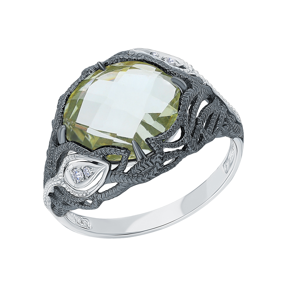 Серебряное кольцо с фианитами и празиолит в Краснодаре