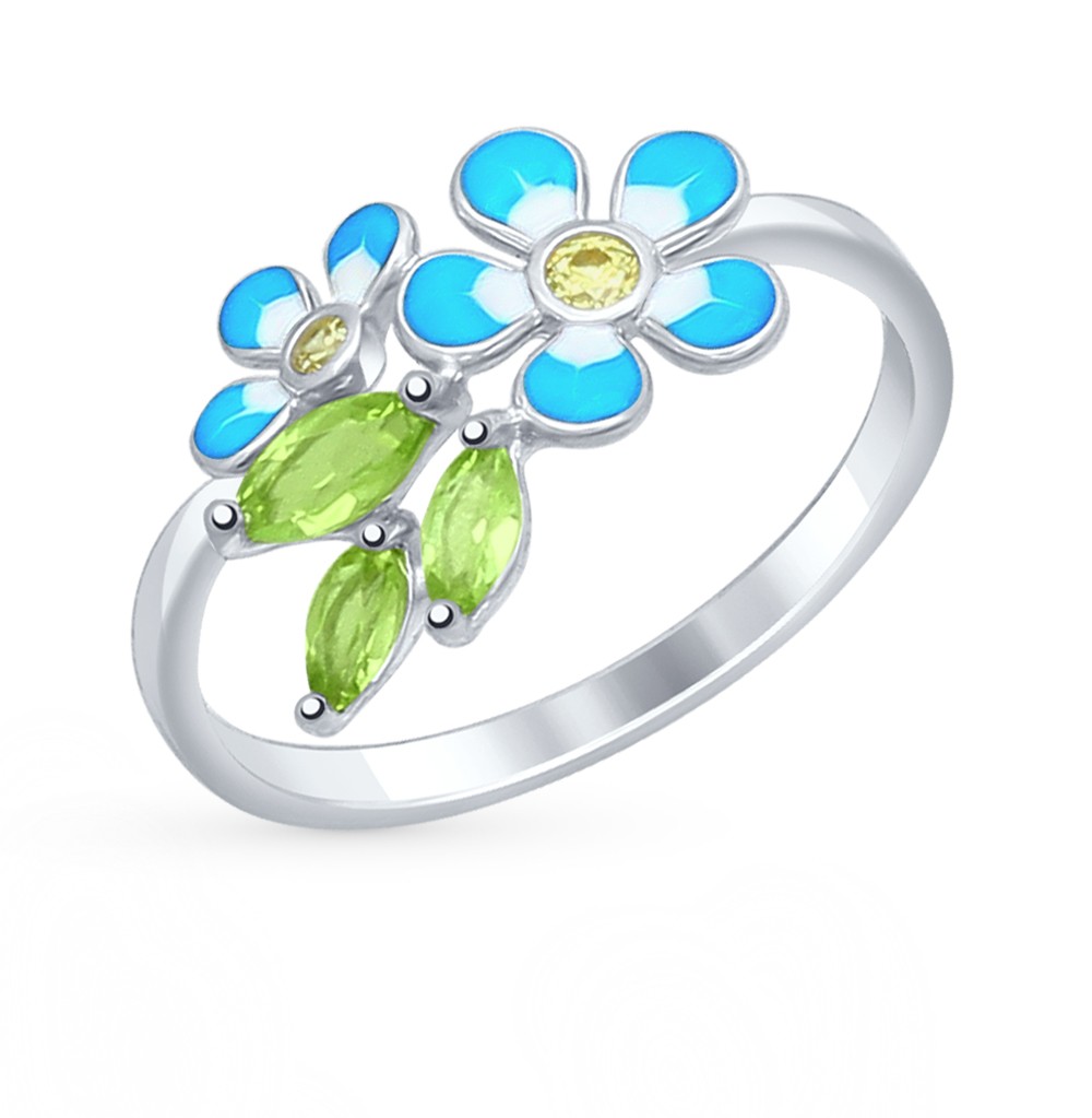 Фото «Серебряное кольцо с эмалью, фианитами и хризолитом»
