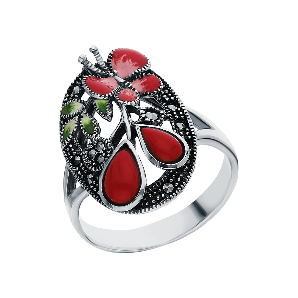 Фото «Серебряное кольцо с эмалью, марказитами swarovski и кораллами прессованными»