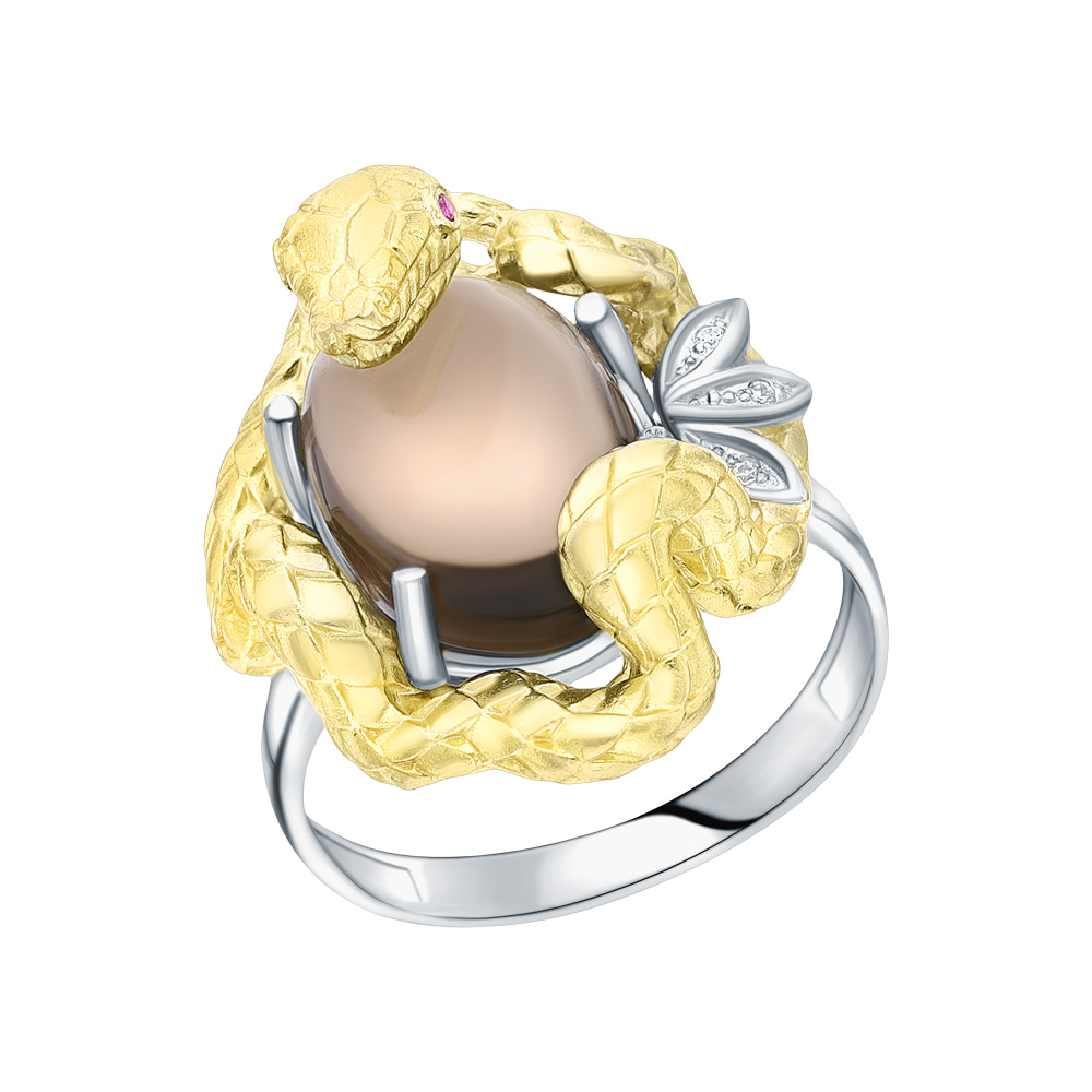 Фото «Серебряное кольцо с фианитами, рубинами и кварцами дымчатыми»