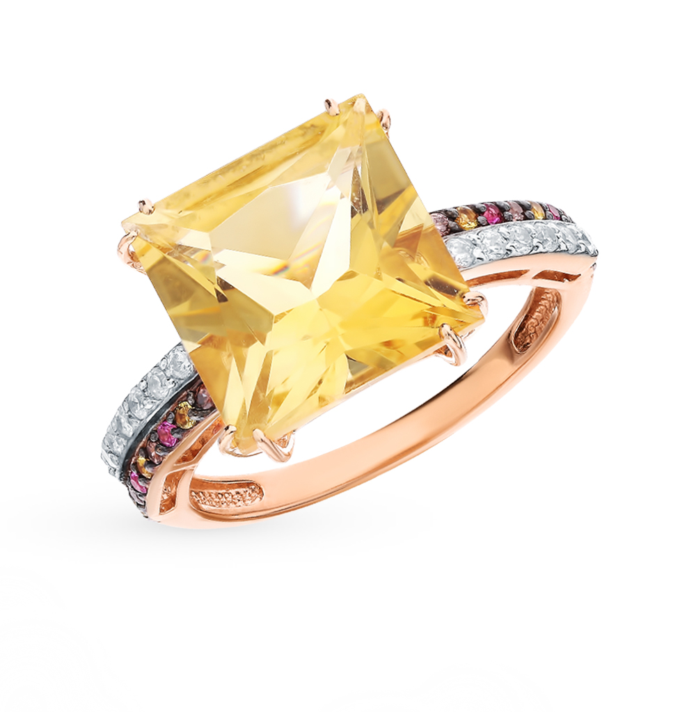 Золотое кольцо с цитринами, фианитами и рубинами в Краснодаре