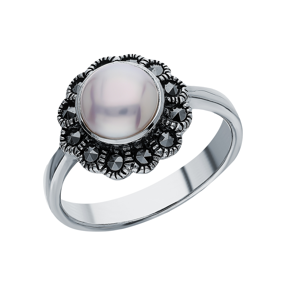 Серебряное кольцо с жемчугом и марказитами swarovski в Краснодаре
