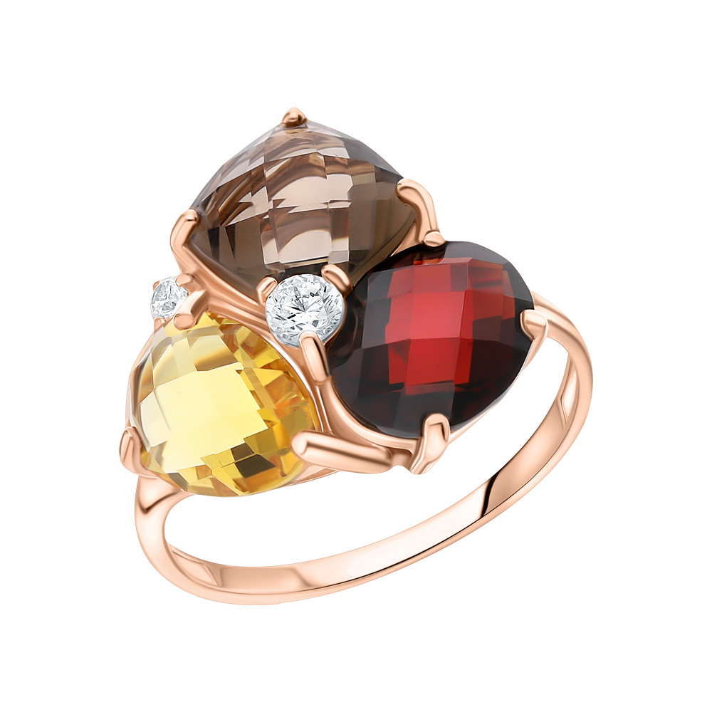 Фото «Серебряное кольцо с цитринами, гранатом, фианитами и кварцами дымчатыми»