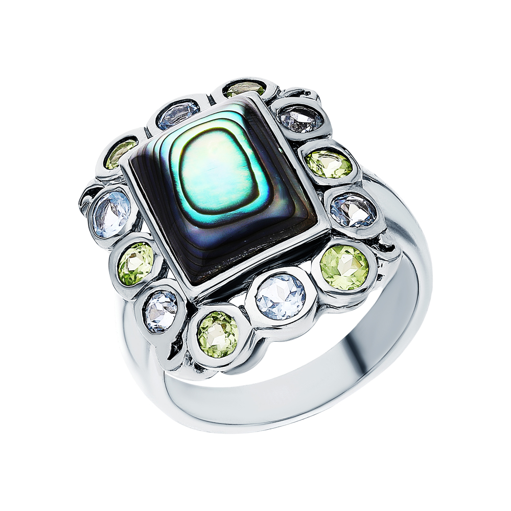 Фото «Серебряное кольцо с перламутром, топазами и хризолитом»