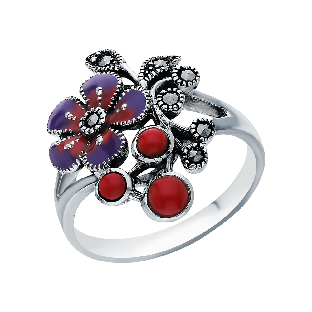 Фото «Серебряное кольцо с эмалью, марказитами swarovski и кораллами прессованными»