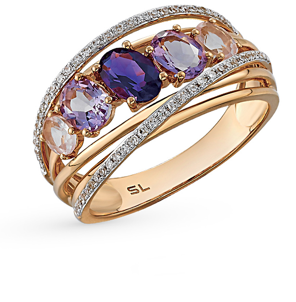 Золотое кольцо с кварцем, аметистом и бриллиантами в Ростовe-на-Дону