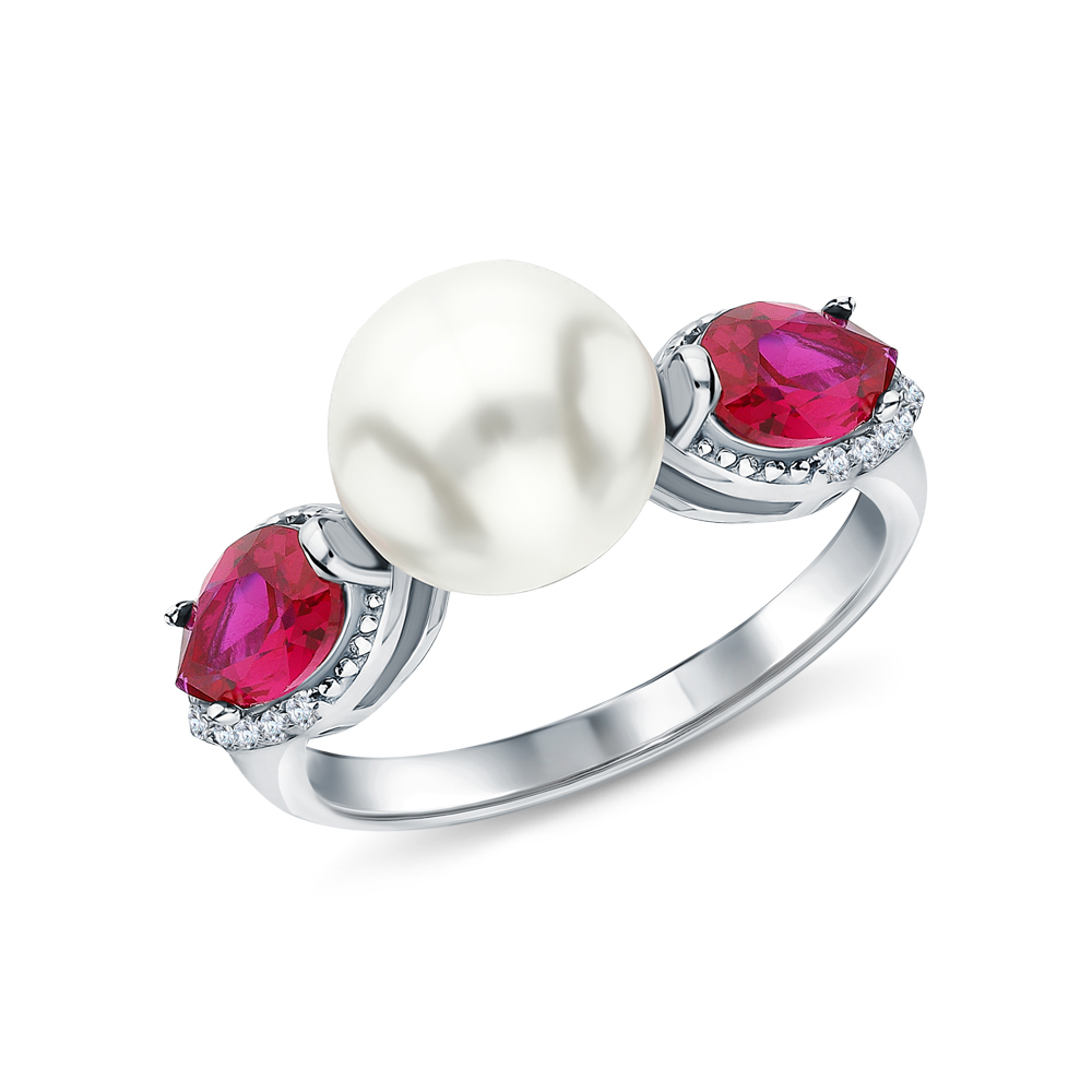Фото «Серебряное кольцо с жемчугом, фианитами и корундом»