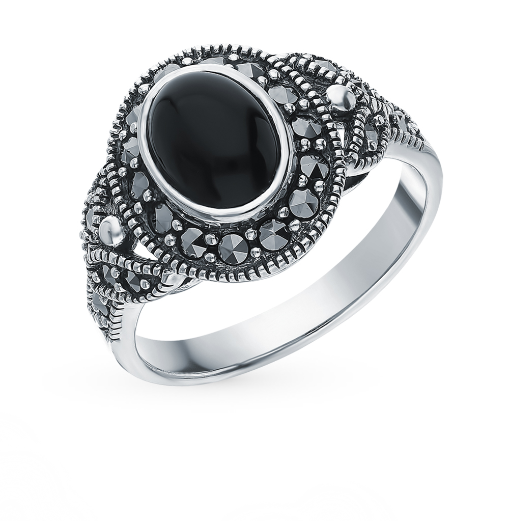 Серебряное кольцо с ониксом и марказитами в Екатеринбурге