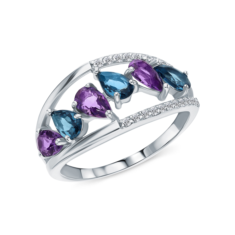 Фото «Серебряное кольцо с фианитами, аметистом и ситаллами»