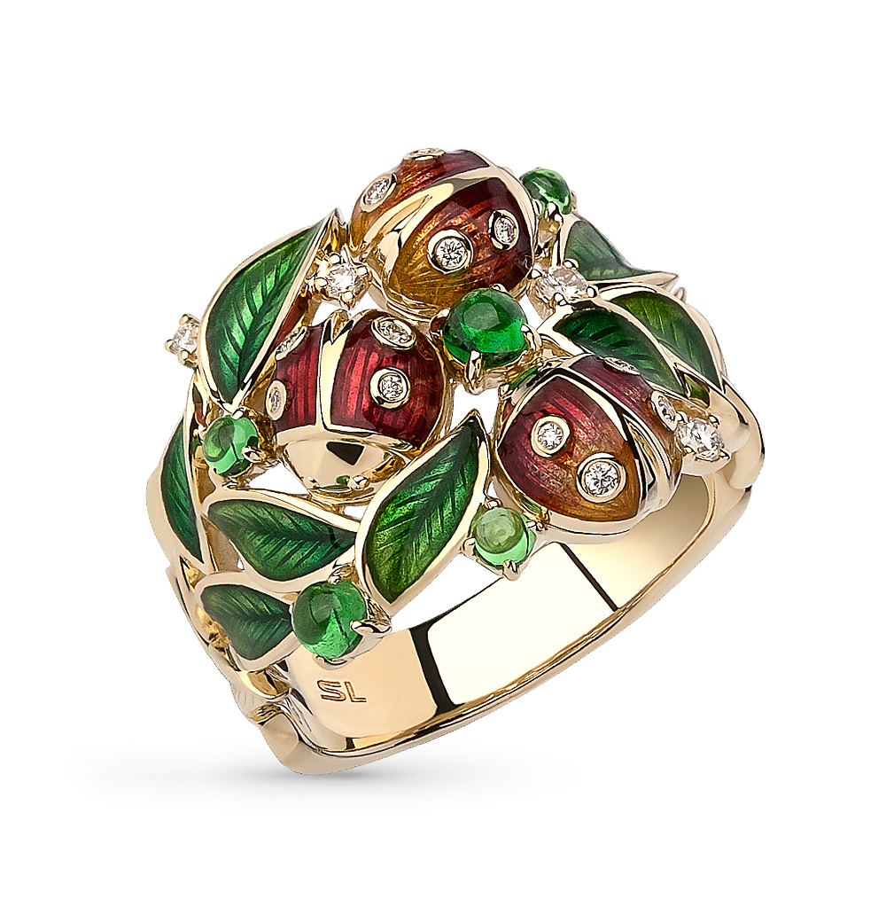 Золотое кольцо с эмалью, цаворитами и бриллиантами в Ростовe-на-Дону