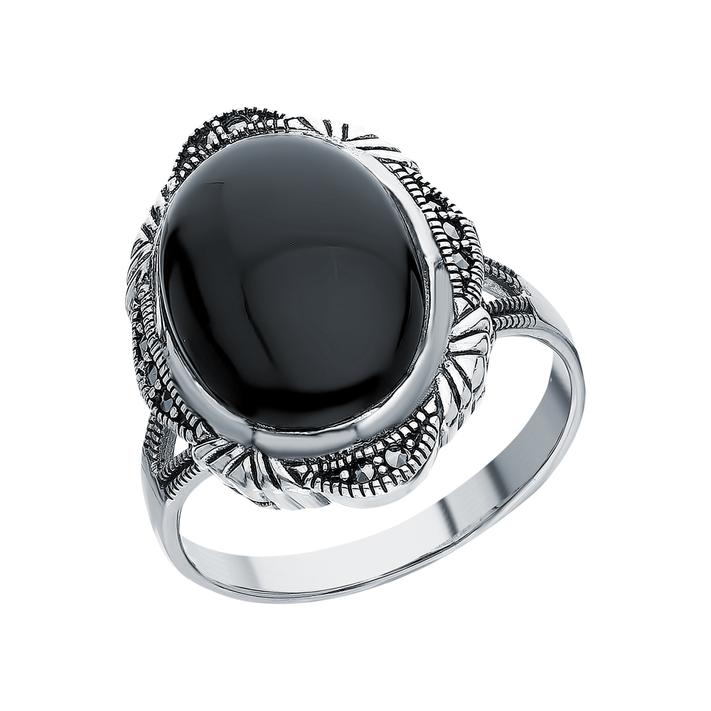 Серебряное кольцо с ониксом и марказитами swarovski в Екатеринбурге