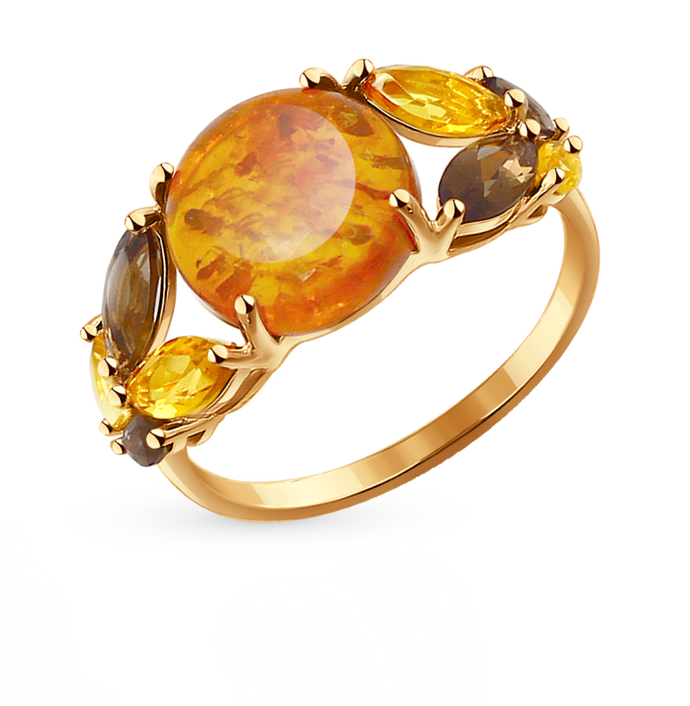 Фото «Золотое кольцо с янтарем, цитринами и раухтопазами»