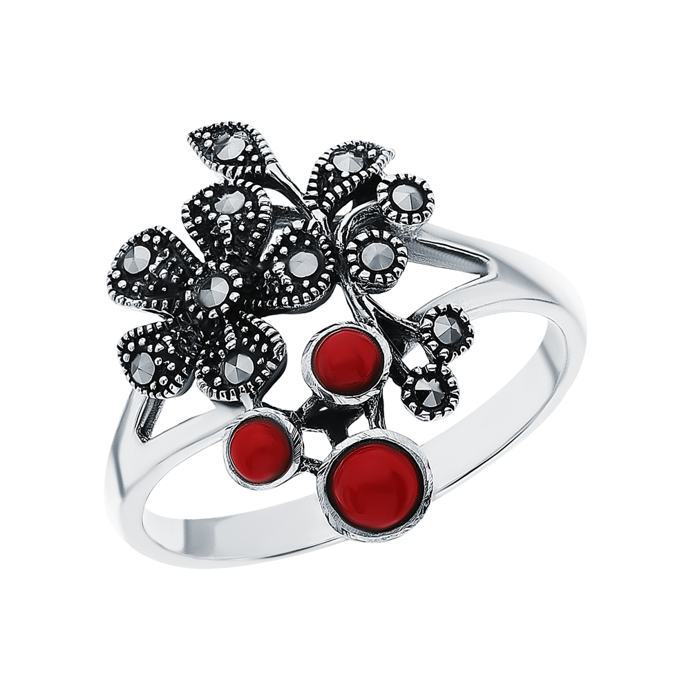 Фото «Серебряное кольцо с кораллом и марказитами swarovski»