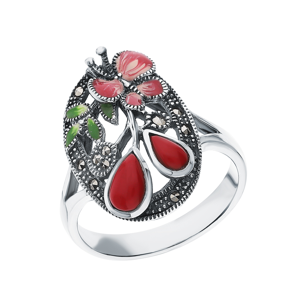 Фото «Серебряное кольцо с эмалью, кораллом и марказитами swarovski»