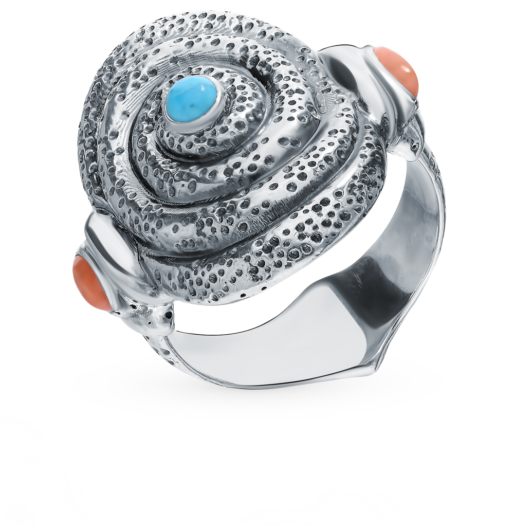 Фото «Серебряное кольцо с бирюза прессованными и кораллами прессованными»