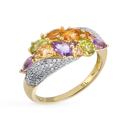 Фото «Золотое кольцо с цитринами, аметистом, хризолитом и бриллиантами»