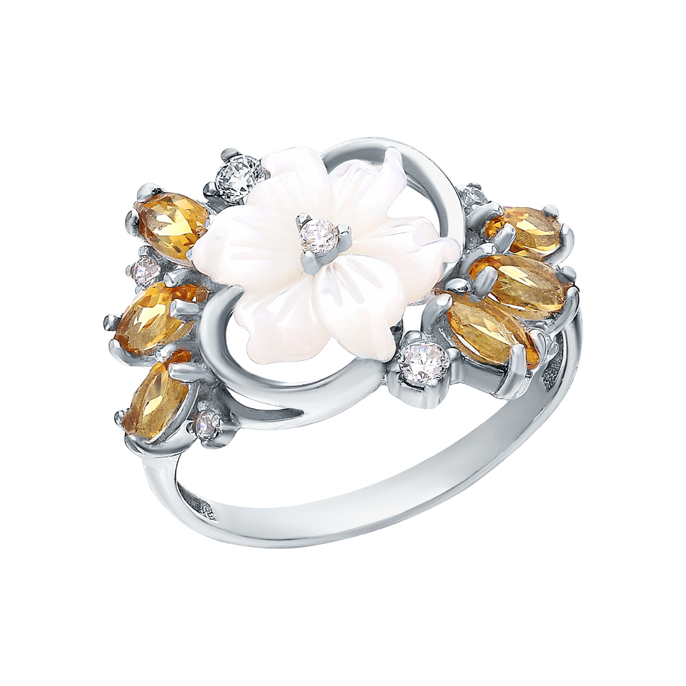 Фото «Серебряное кольцо с цитринами, перламутром и фианитами»