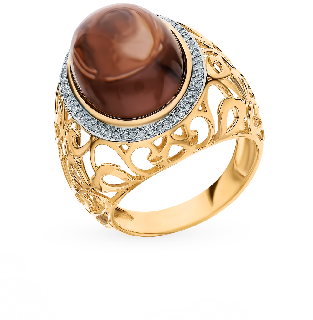 Фото «Золотое кольцо с кварцем дымчатым и бриллиантами»