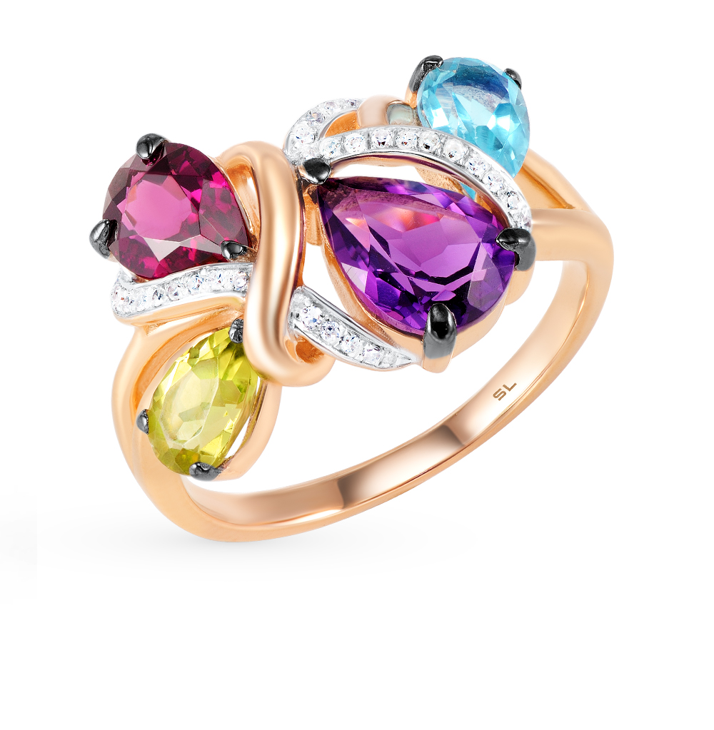 Фото «Золотое кольцо с гранатом, топазами, аметистом, хризолитом и бриллиантами»