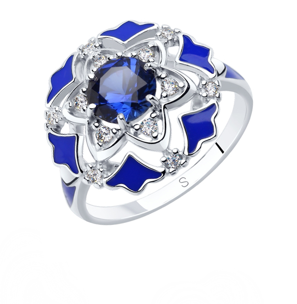 Фото «Серебряное кольцо с эмалью, фианитами и корундом»