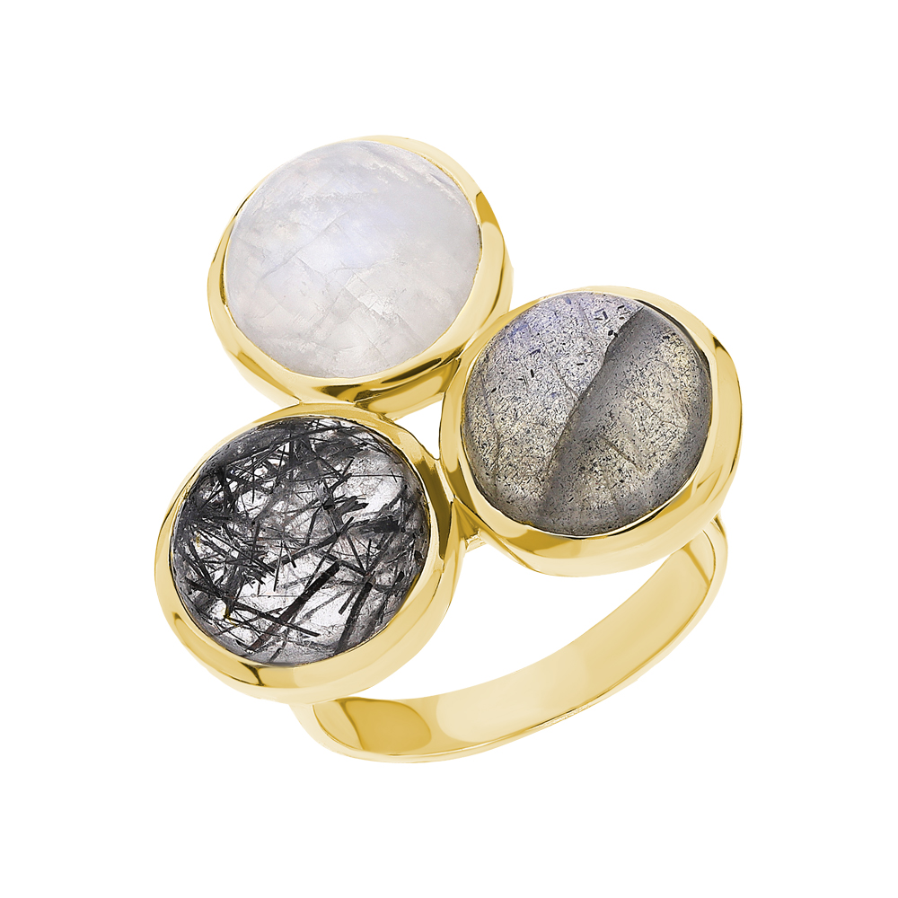 Серебряное кольцо с лунным камнем, кварцем и лабрадоритами в Екатеринбурге