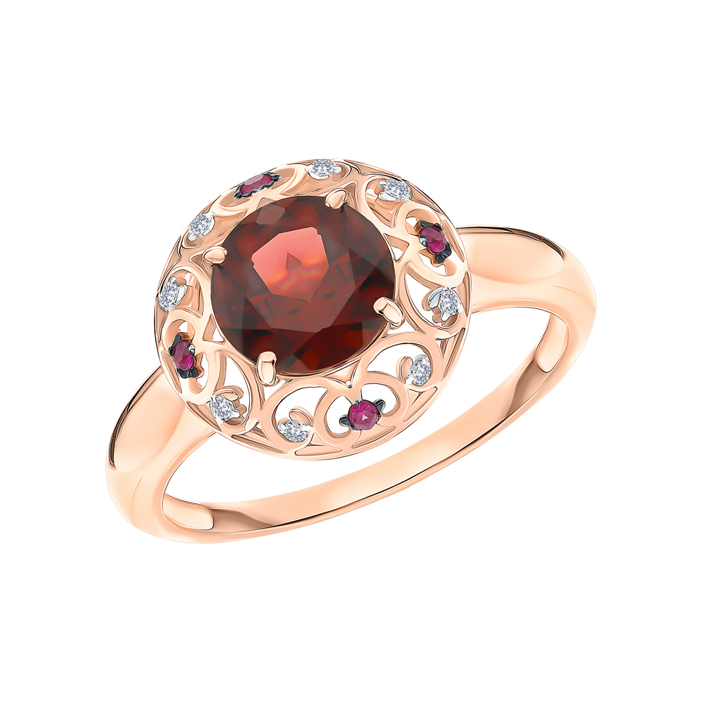 Золотое кольцо с гранатом, рубинами и бриллиантами в Краснодаре