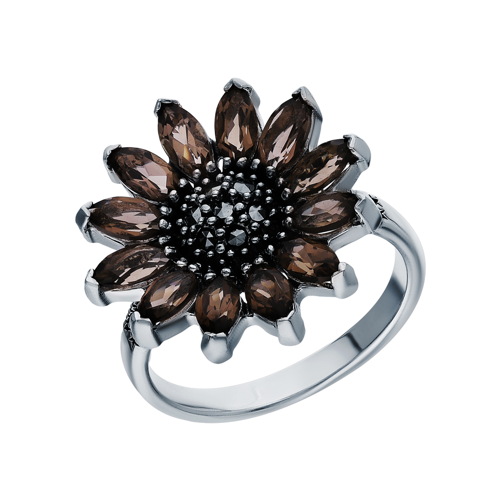 Серебряное кольцо с кварцами дымчатыми и марказитами swarovski в Самаре